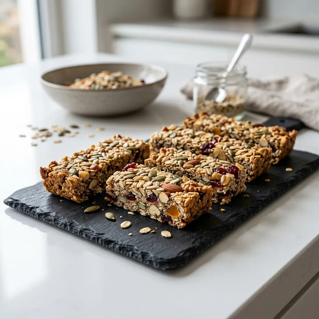 Nylaget müslibar servert på en appetittlig og hjemmelaget måte