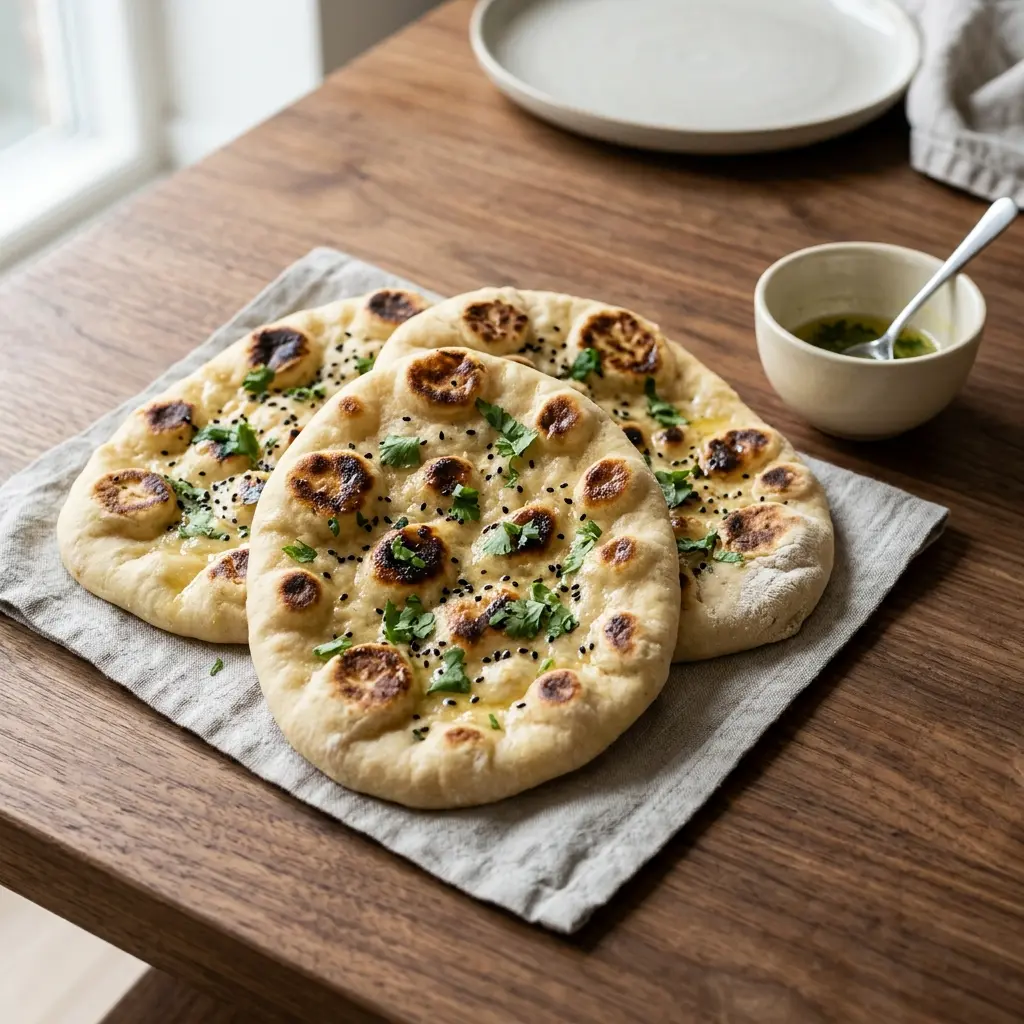 Nybakt naanbrød servert og klar til å nytes
