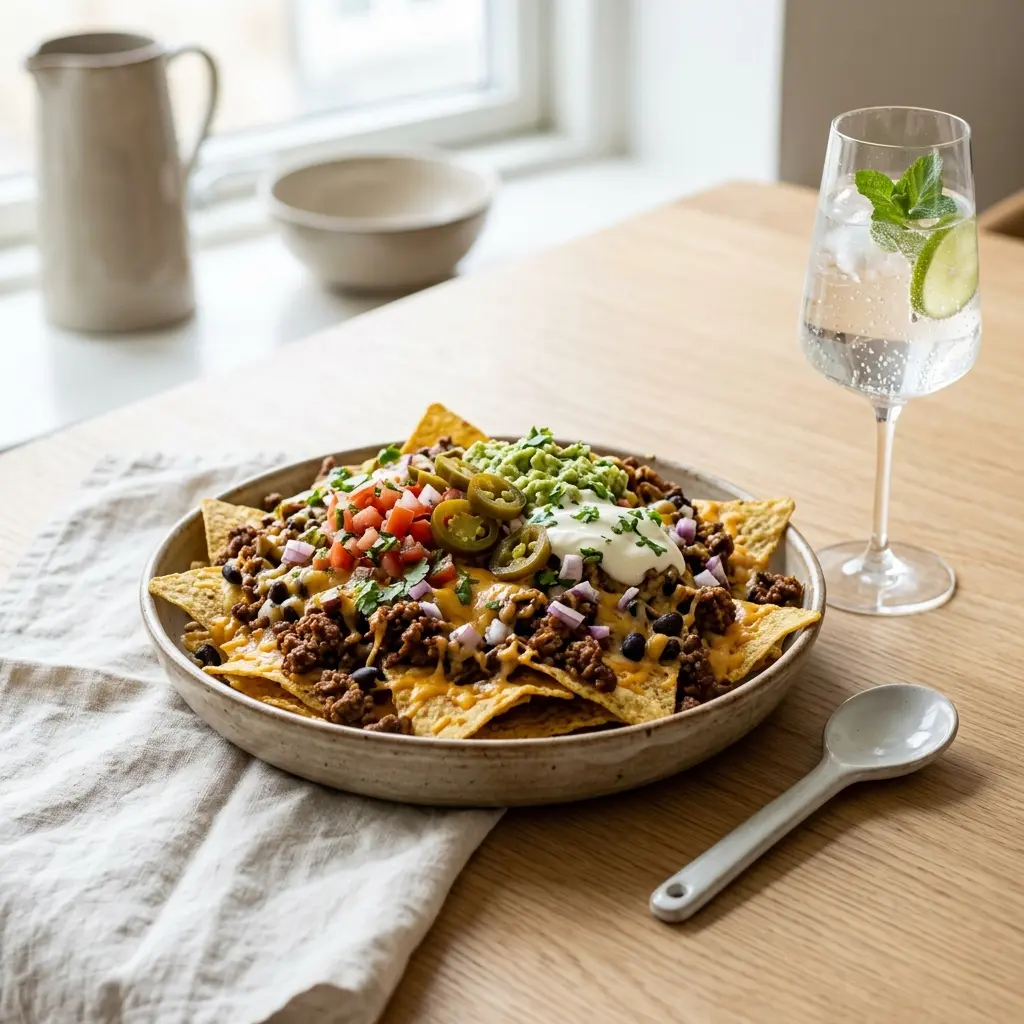 Nylaget nachos med storfekjøtt servert på en appetittlig og hjemmelaget måte