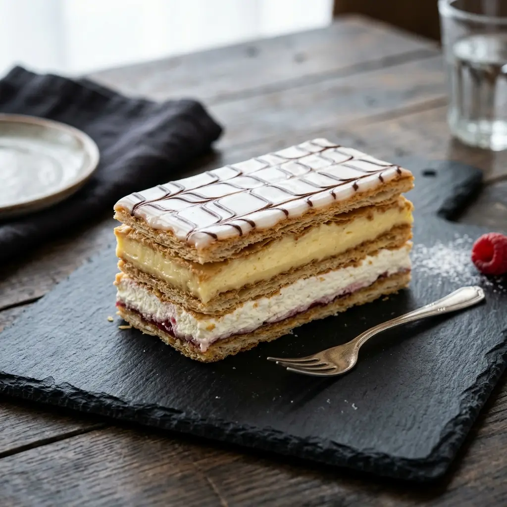 Hjemmelaget napoleonskake servert som en søt og innbydende dessert