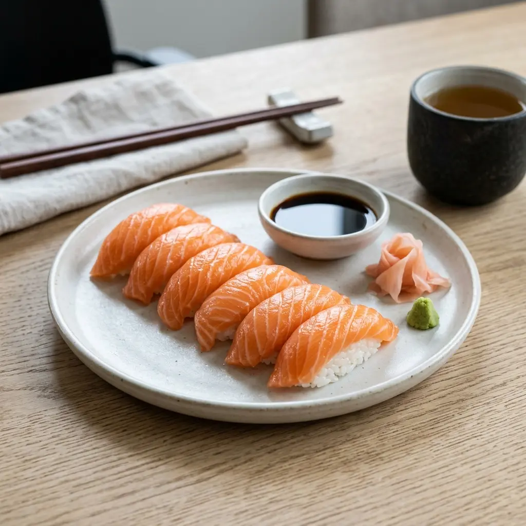 Nylaget nigiri med laks servert på en appetittlig og hjemmelaget måte