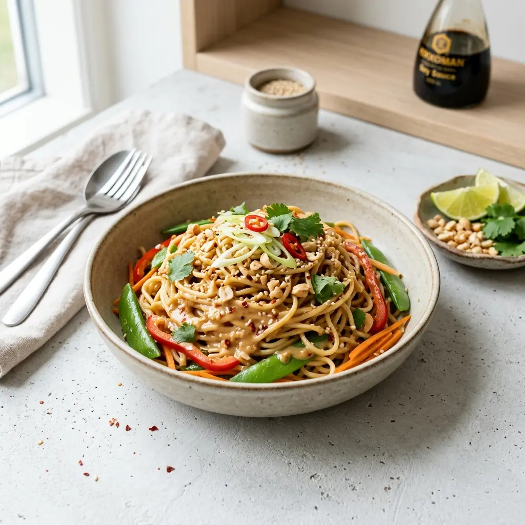 En skål med nudler med peanøttsaus klar til servering som smakfullt tilbehør