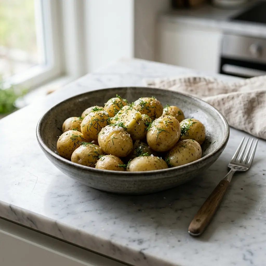 Nylaget nypoteter med smør og dill servert på en appetittlig og hjemmelaget måte