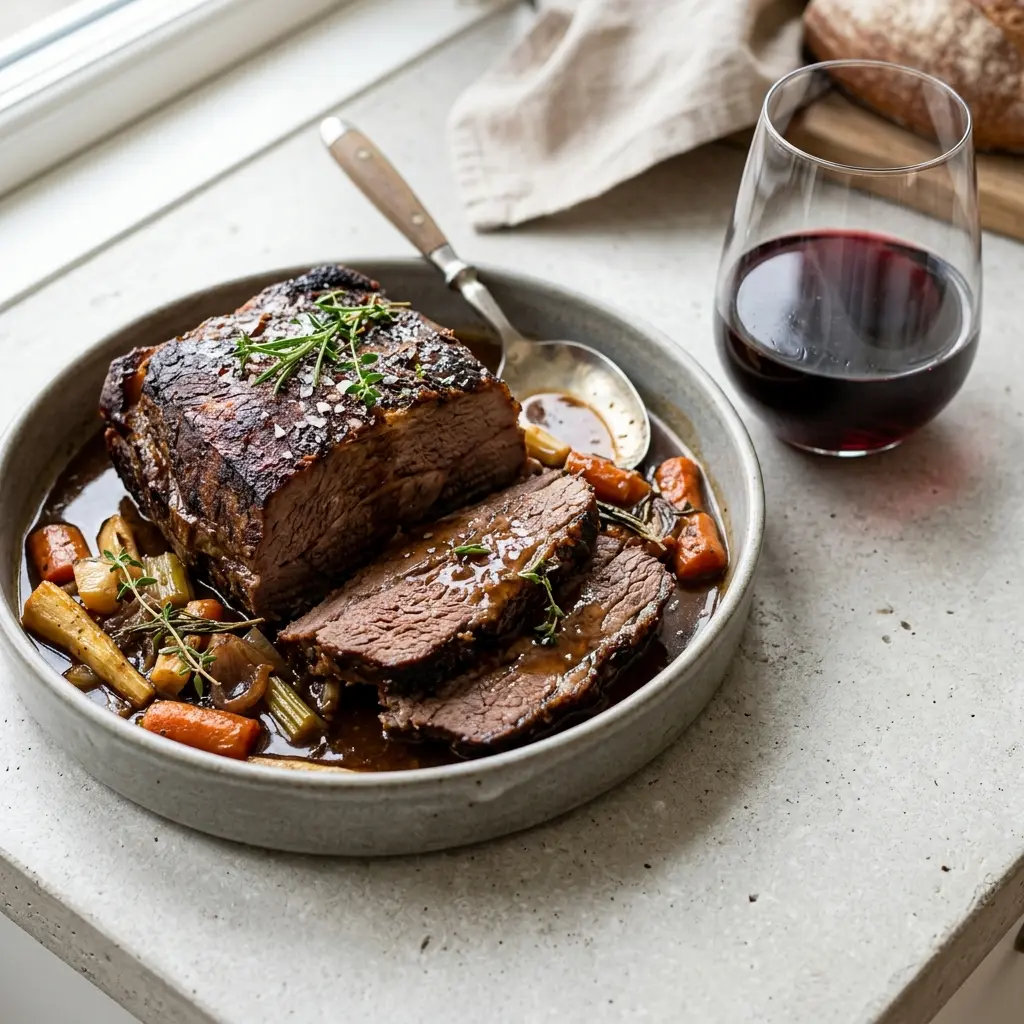 Nylaget oksebryst i ovn servert på en appetittlig og hjemmelaget måte
