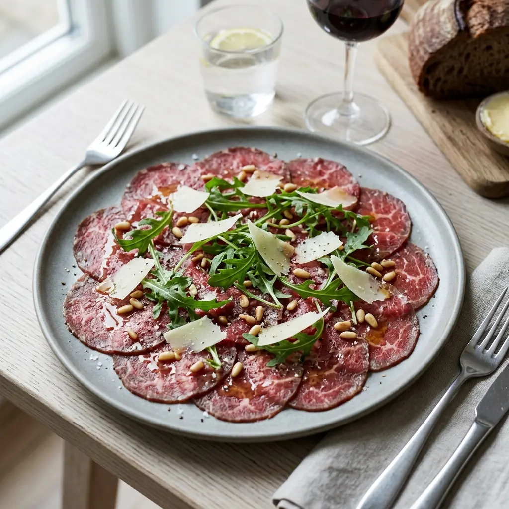 Nylaget oksecarpaccio servert på en appetittlig og hjemmelaget måte