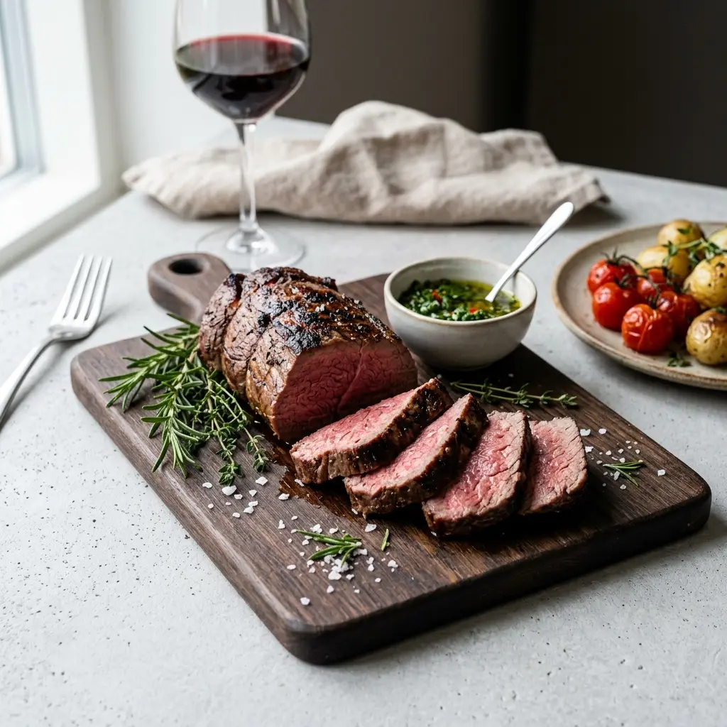 Nylaget oksefilet på grill servert på en appetittlig og hjemmelaget måte