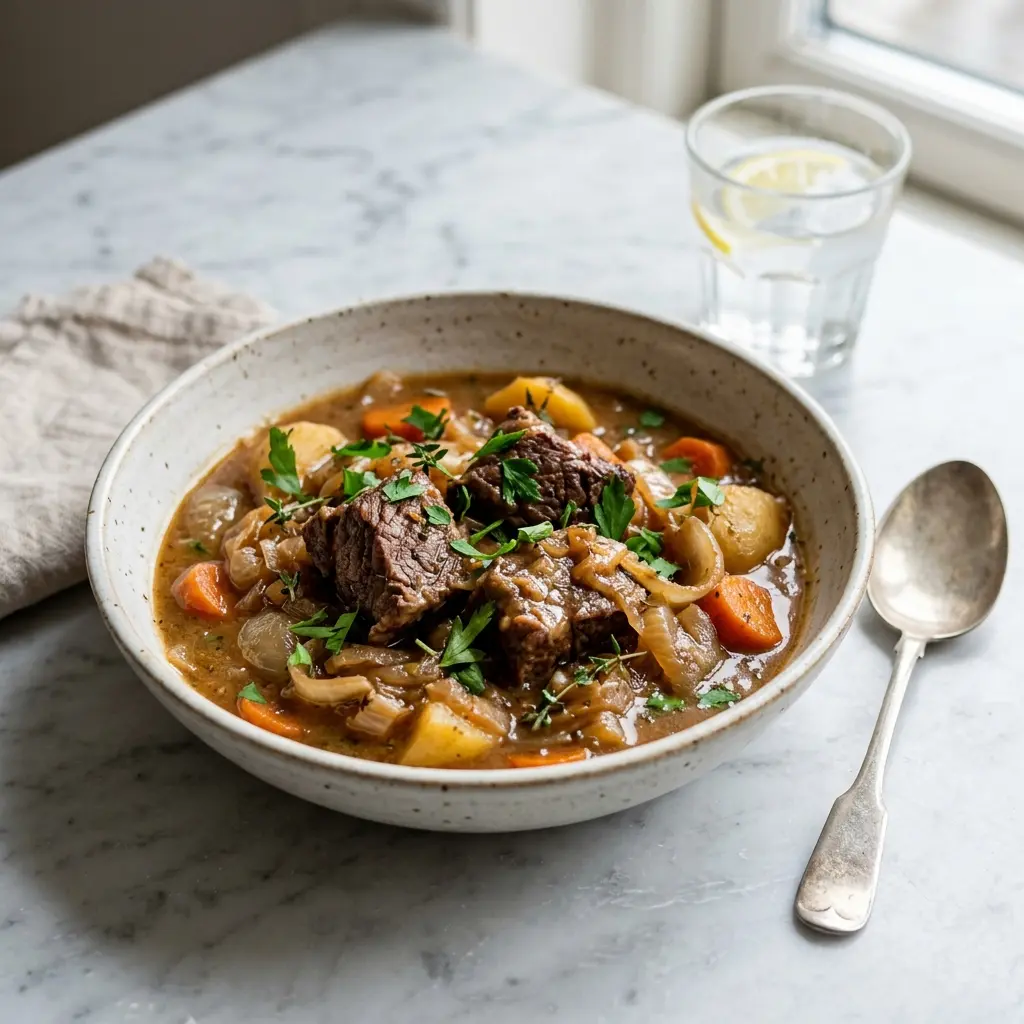 Nylaget oksegryte med løk servert på en appetittlig og hjemmelaget måte