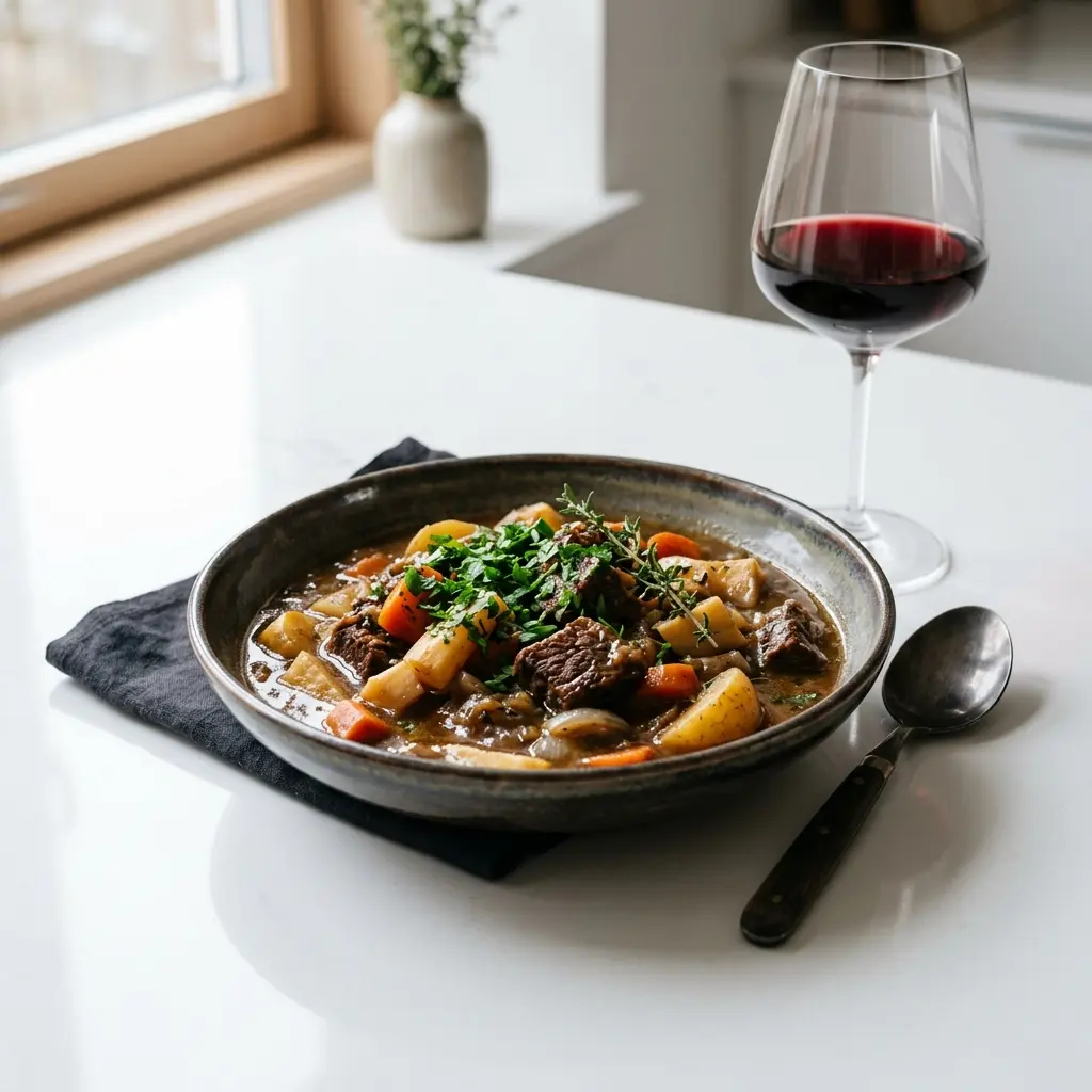 Nylaget oksegryte med rotgrønnsaker servert på en appetittlig og hjemmelaget måte
