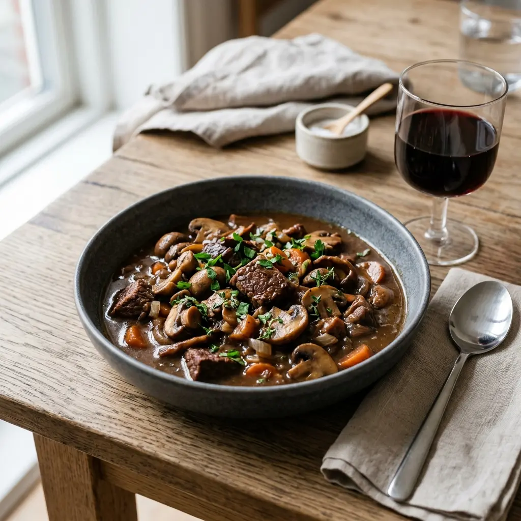 Nylaget oksegryte med sopp servert på en appetittlig og hjemmelaget måte