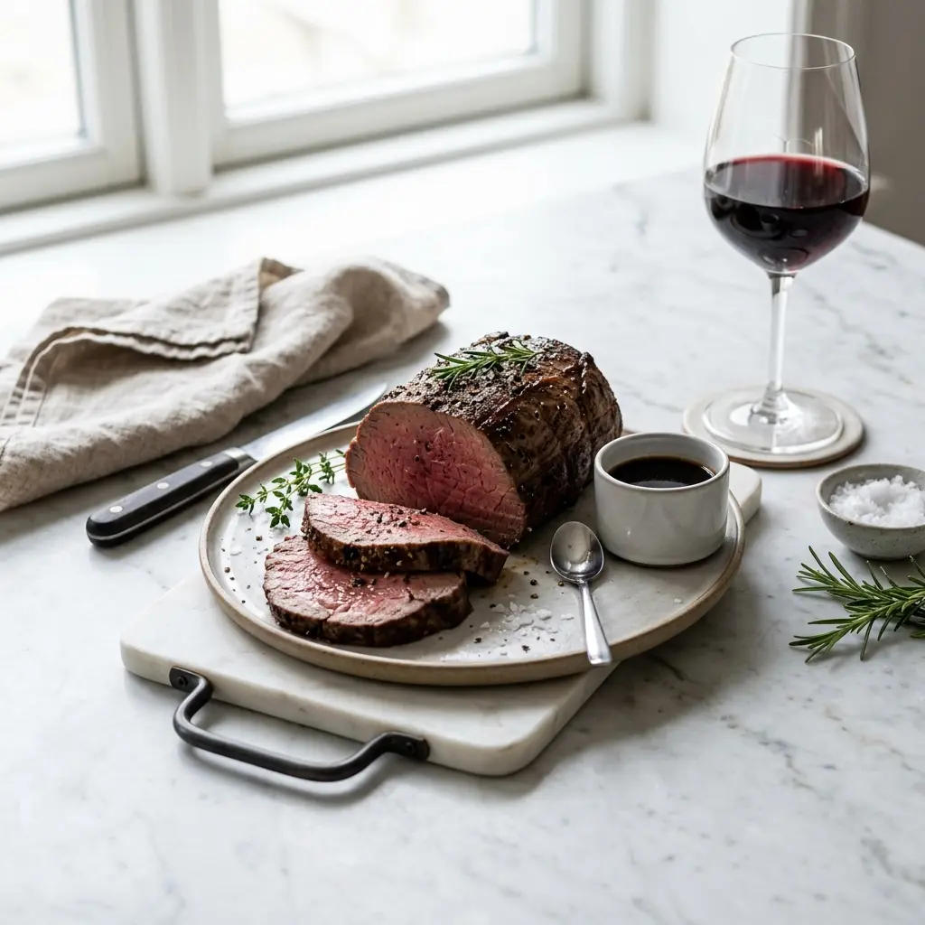 Nylaget oksemørbrad i ovn servert på en appetittlig og hjemmelaget måte