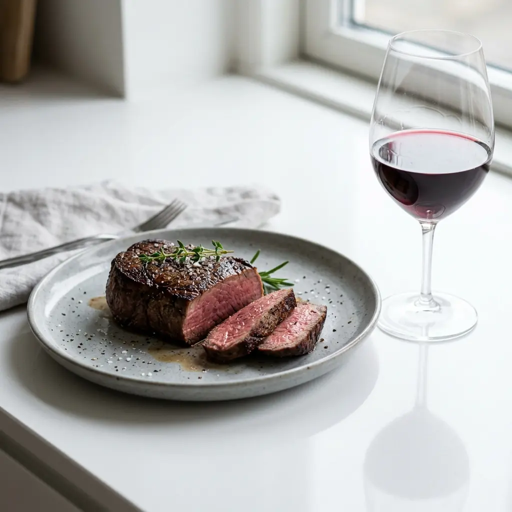 Nylaget oksemørbrad i stekepanne servert på en appetittlig og hjemmelaget måte