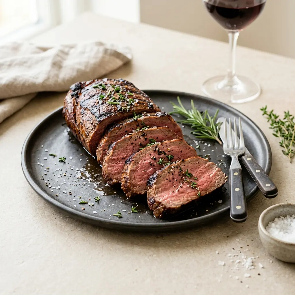 Nylaget oksemørbrad på grill servert på en appetittlig og hjemmelaget måte