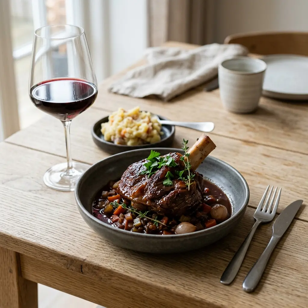 Nylaget okseskank med rødvin servert på en appetittlig og hjemmelaget måte