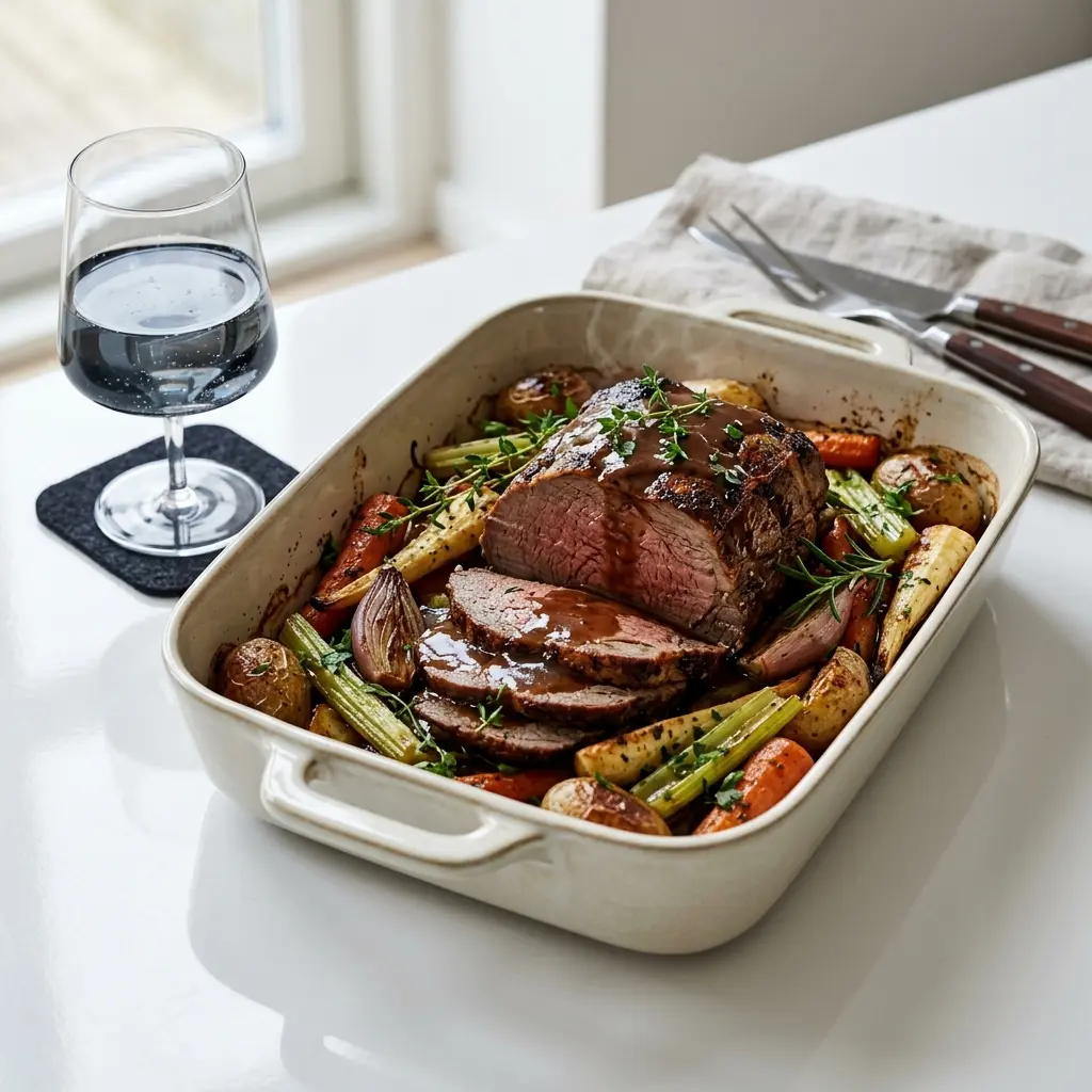 Nylaget oksestek i form med grønnsaker servert på en appetittlig og hjemmelaget måte