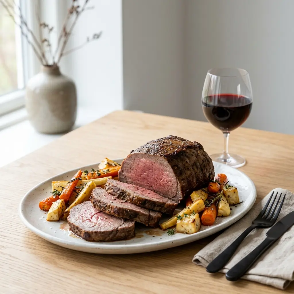 Nylaget oksestek med rotgrønnsaker servert på en appetittlig og hjemmelaget måte