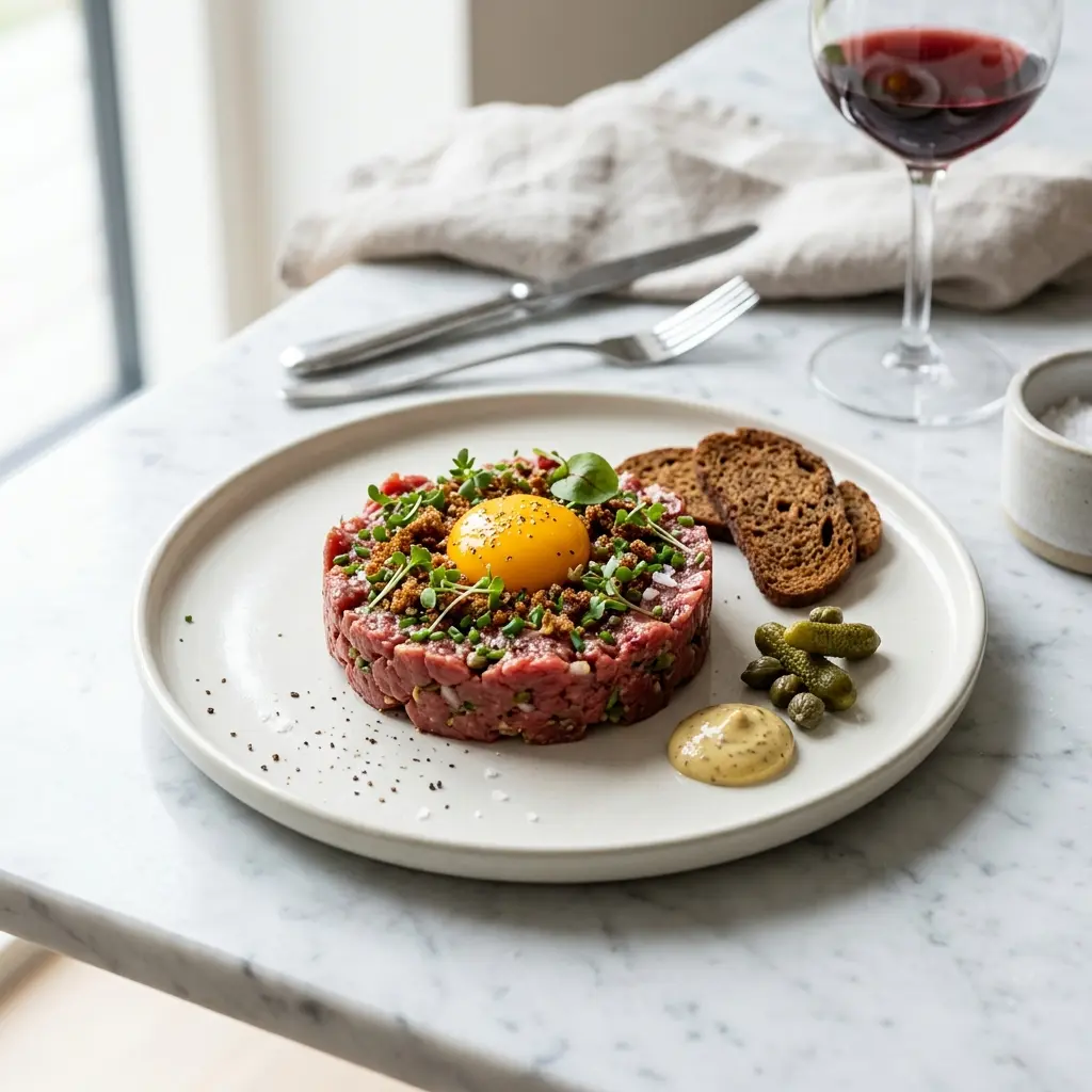 Nylaget oksetartar servert på en appetittlig og hjemmelaget måte