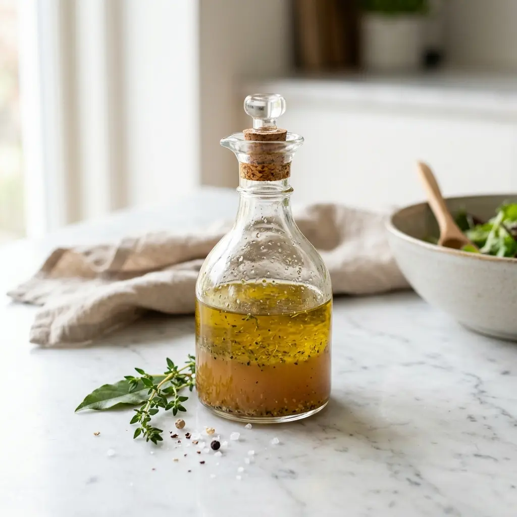 En skål med olje-eddik-dressing klar til servering som smakfullt tilbehør