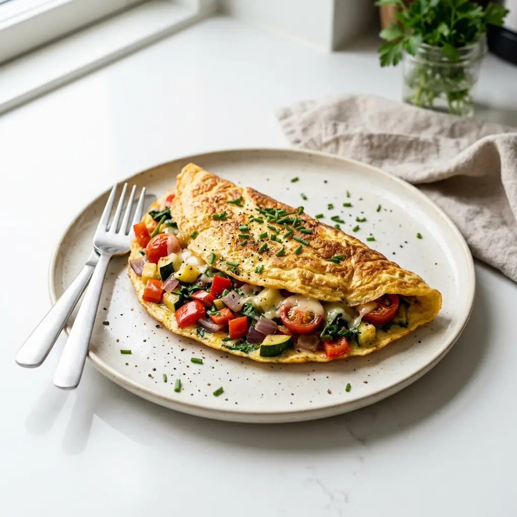 Nylaget omelett med grønnsaker servert på en appetittlig og hjemmelaget måte