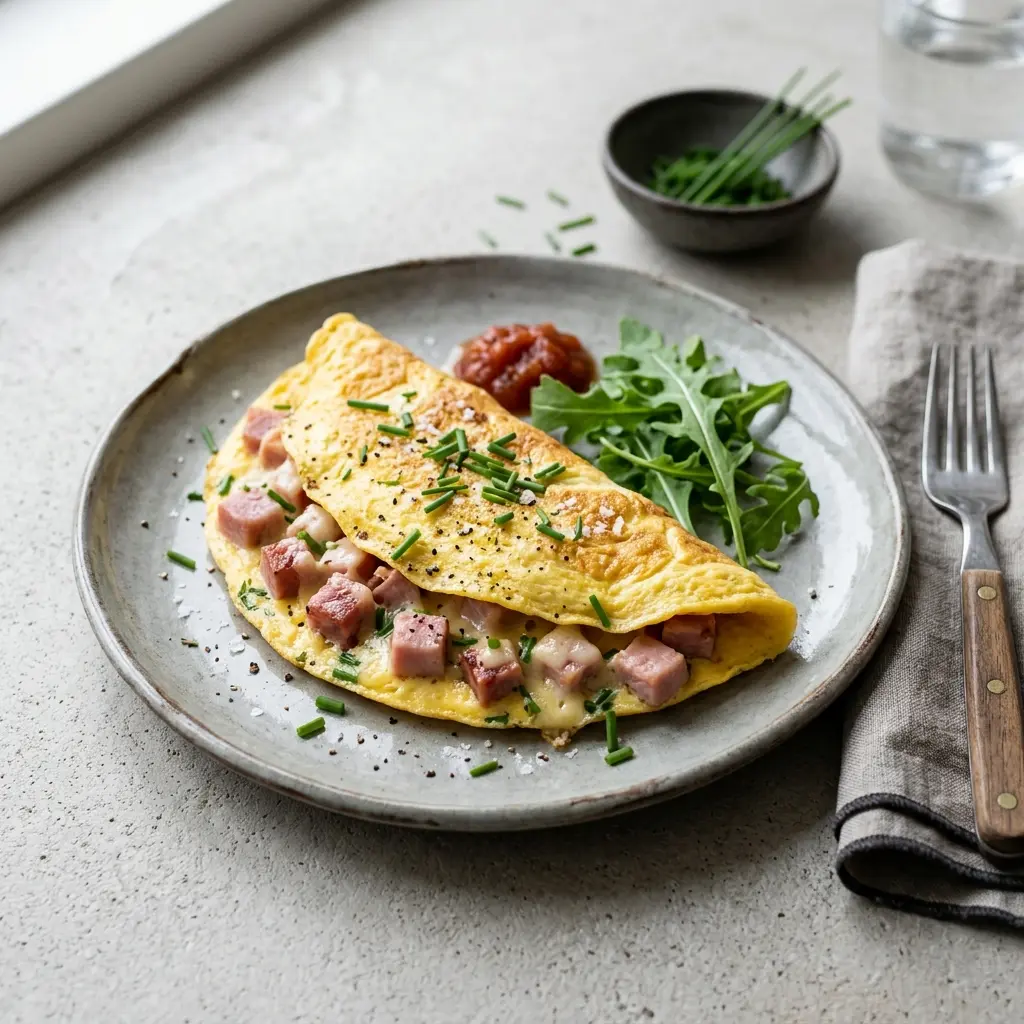 Nylaget omelett med skinke servert på en appetittlig og hjemmelaget måte
