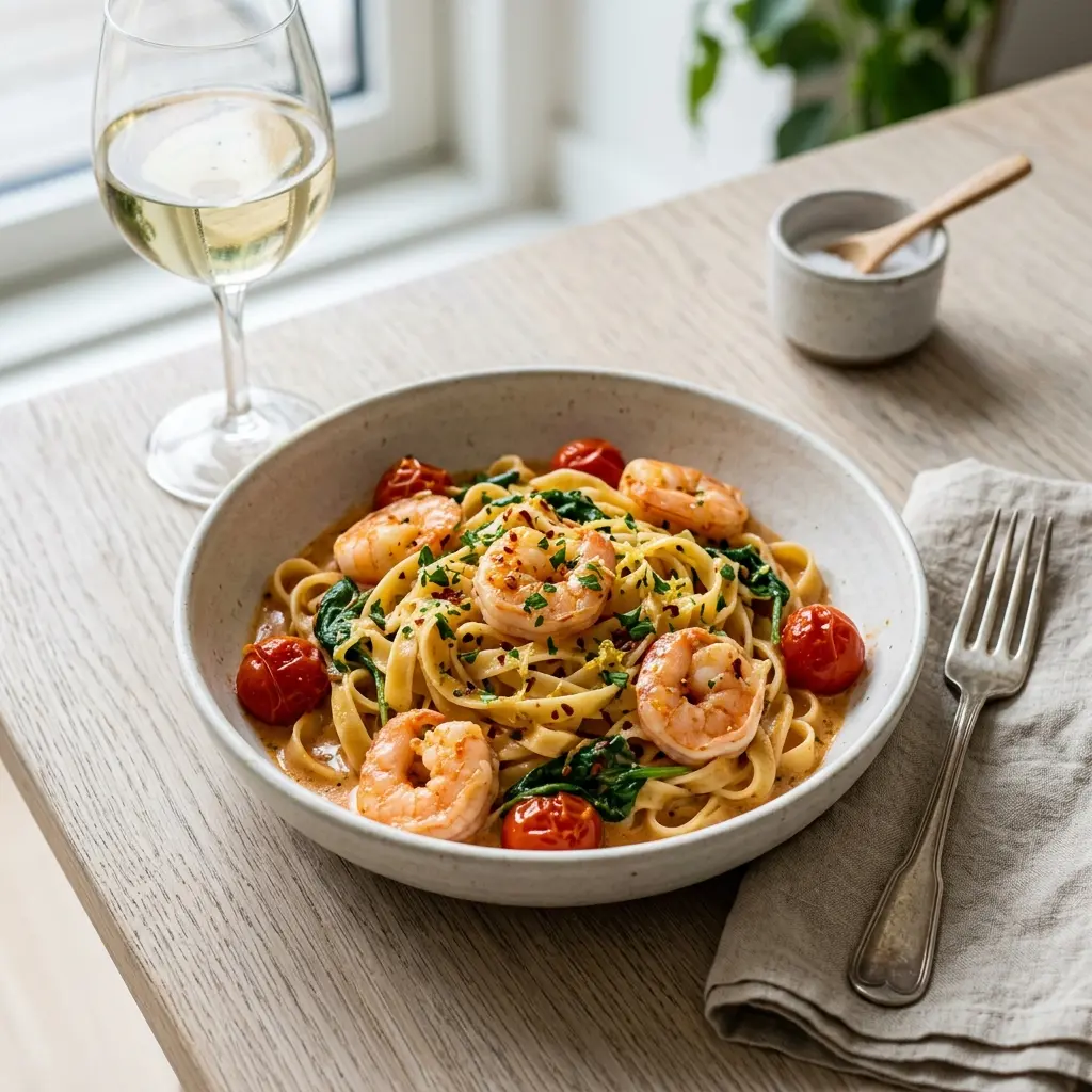 Nylaget one-pot pasta med reker servert på en appetittlig og hjemmelaget måte