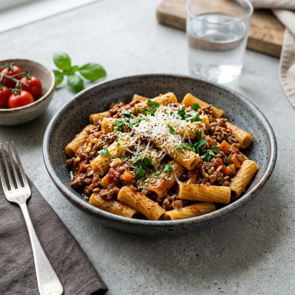 Nylaget one-pot pasta med storfekjøtt servert på en appetittlig og hjemmelaget måte