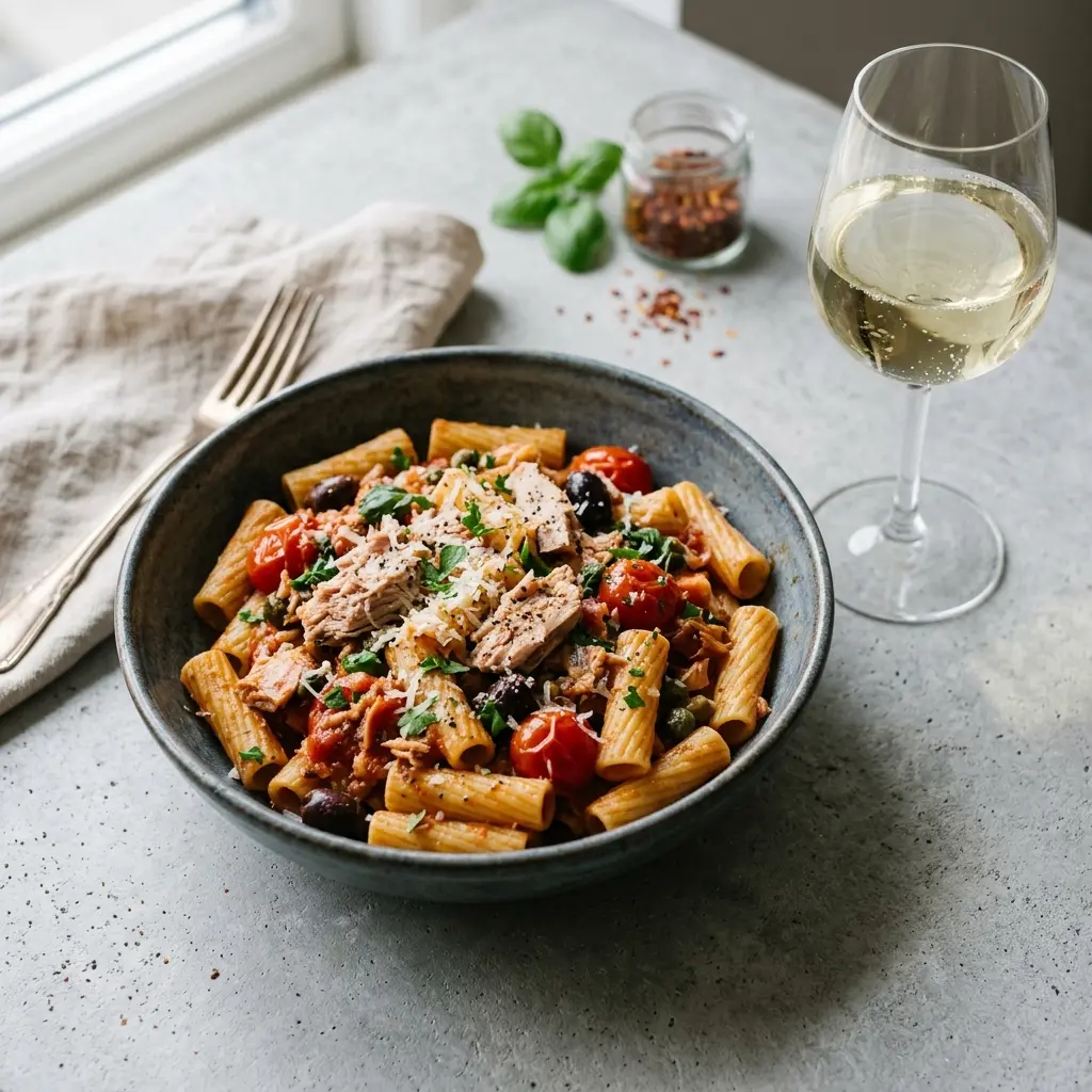 One-pot pasta med tunfisk servert ferdig som hjemmelaget rett