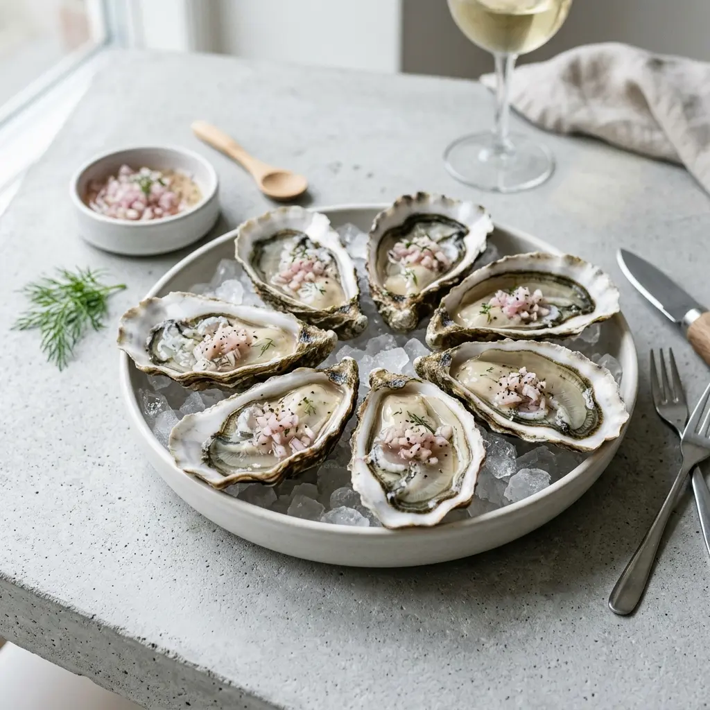 Nylaget østers med sjalottløk servert på en appetittlig og hjemmelaget måte