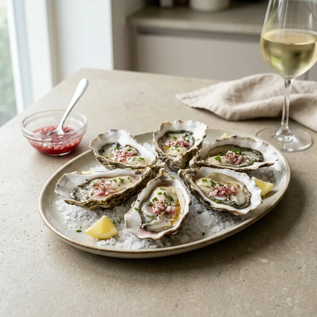 Østers med vinaigrette servert ferdig som hjemmelaget rett