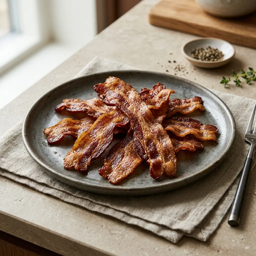 Nylaget ovnsstekt bacon servert på en appetittlig og hjemmelaget måte