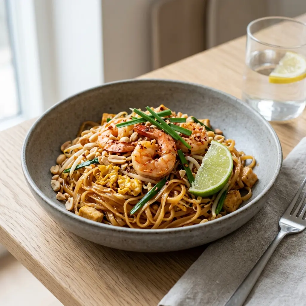 Nylaget pad thai med reker servert på en appetittlig og hjemmelaget måte