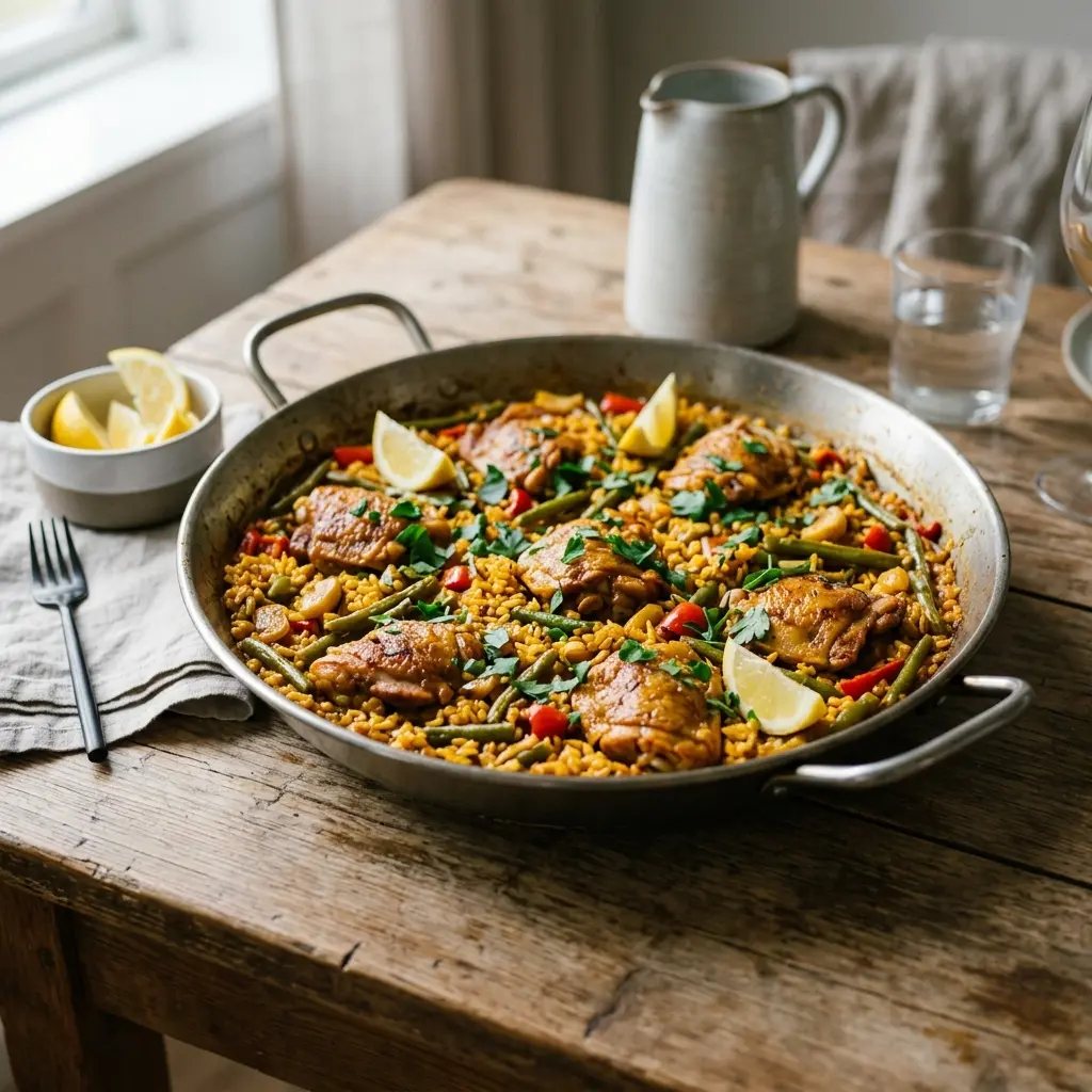 Nylaget paella med kylling servert på en appetittlig og hjemmelaget måte
