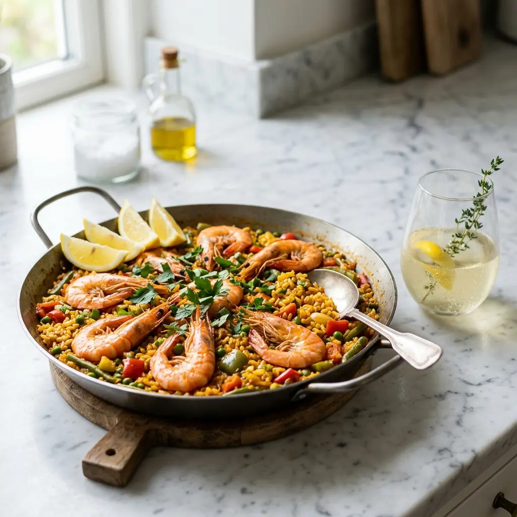 Nylaget paella med reker servert på en appetittlig og hjemmelaget måte