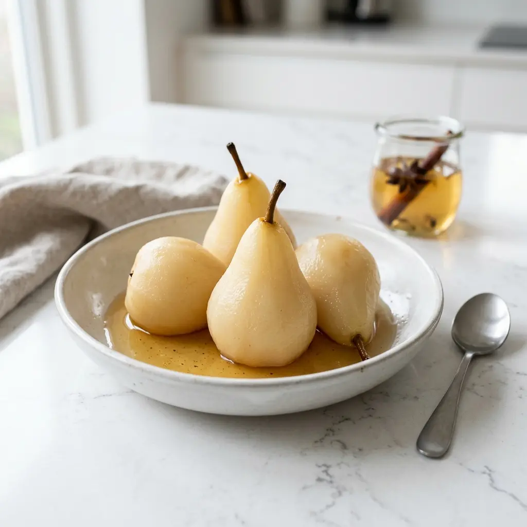 Nylaget pærer i sirup servert på en appetittlig og hjemmelaget måte