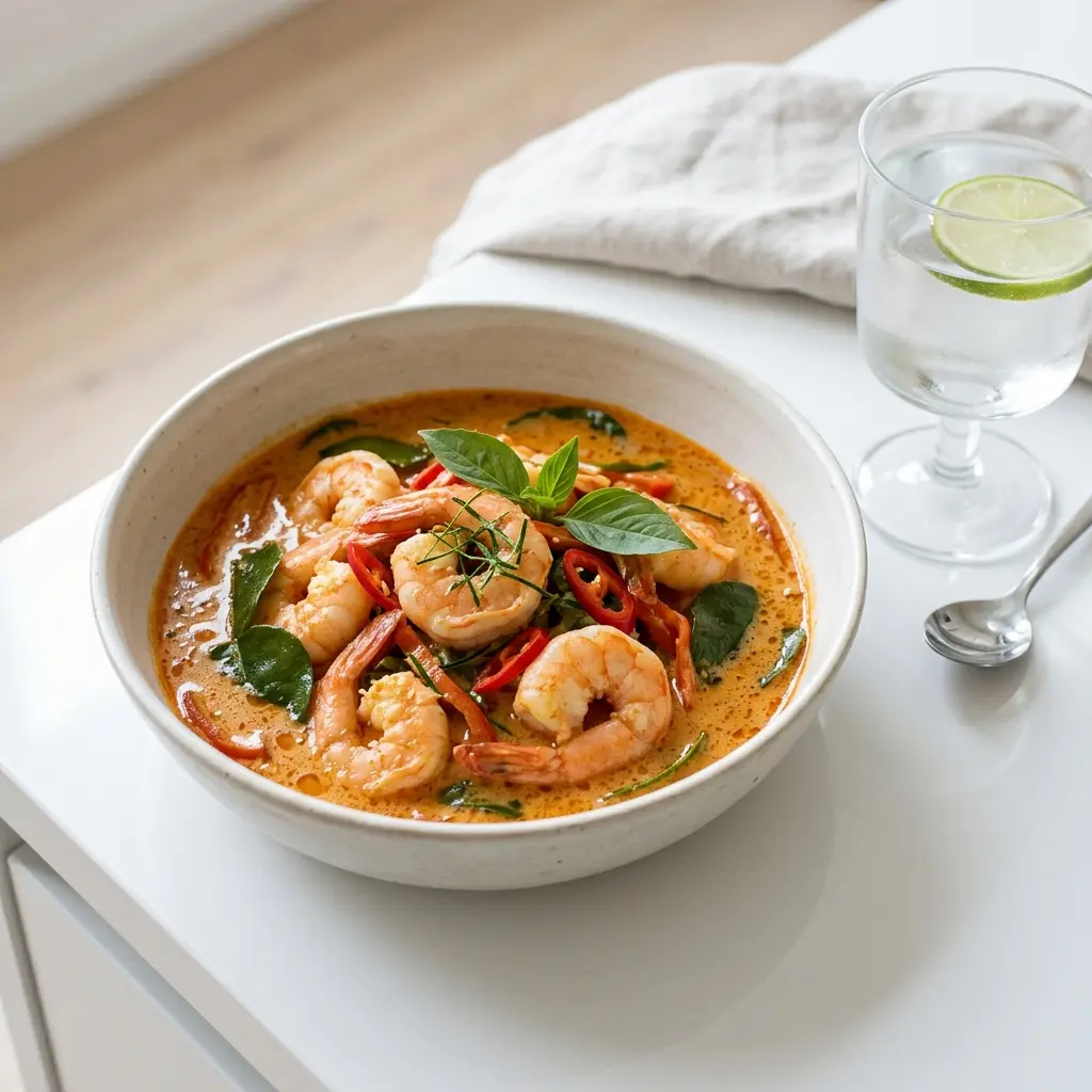 Nylaget panang karri med reker servert på en appetittlig og hjemmelaget måte
