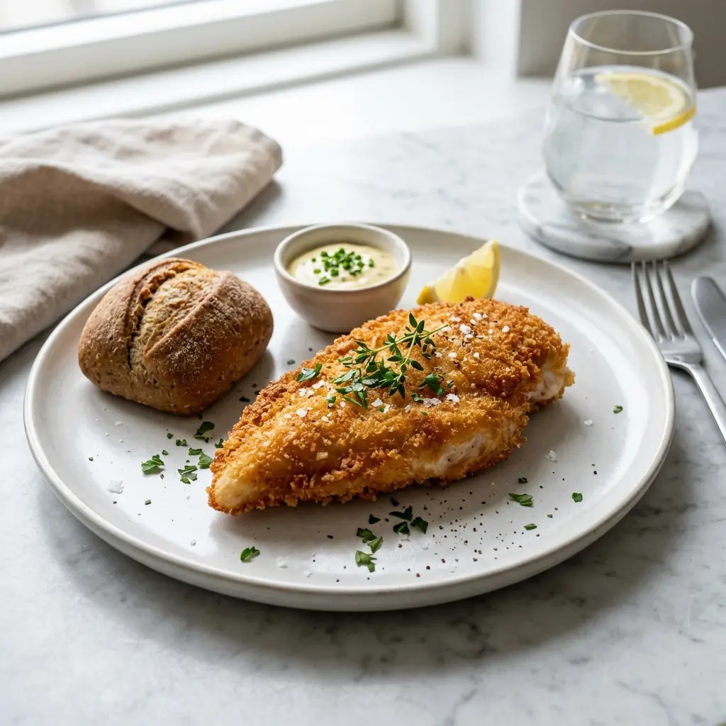 Nylaget panert kyllingbryst servert på en appetittlig og hjemmelaget måte