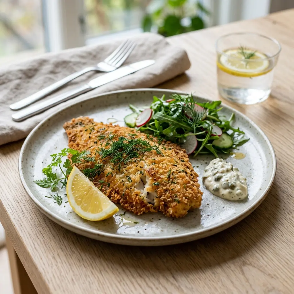 Nylaget panert sandflyndre servert på en appetittlig og hjemmelaget måte