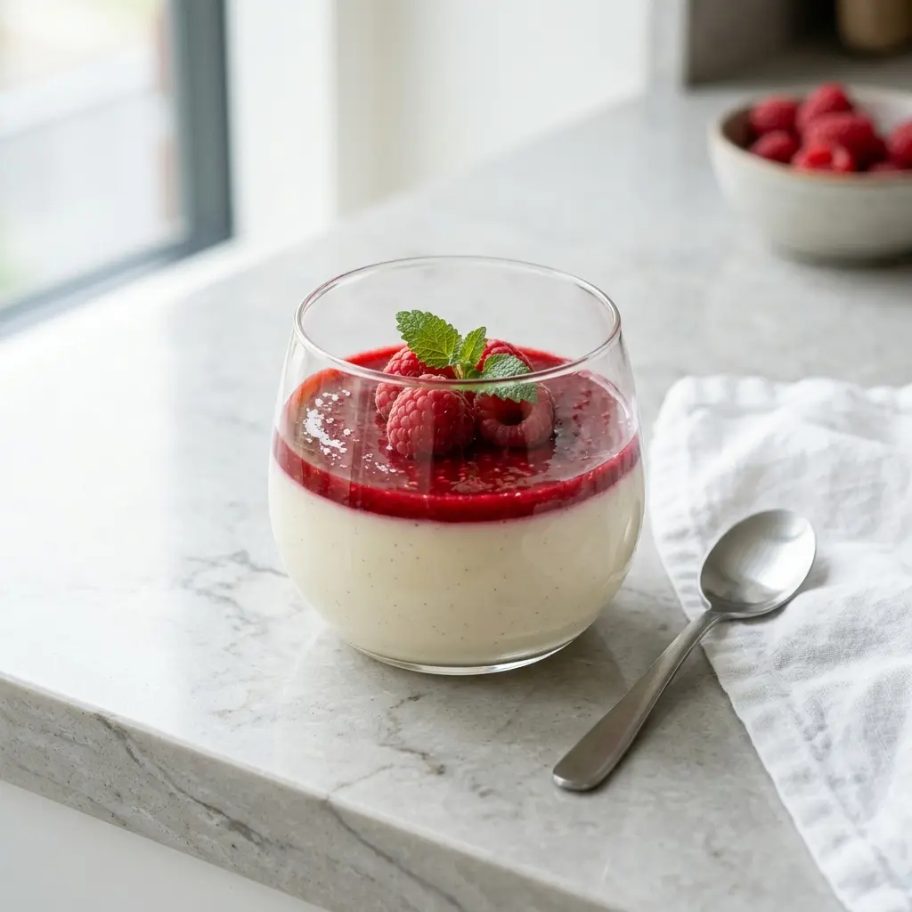 Nylaget panna cotta med bringebær servert på en appetittlig og hjemmelaget måte