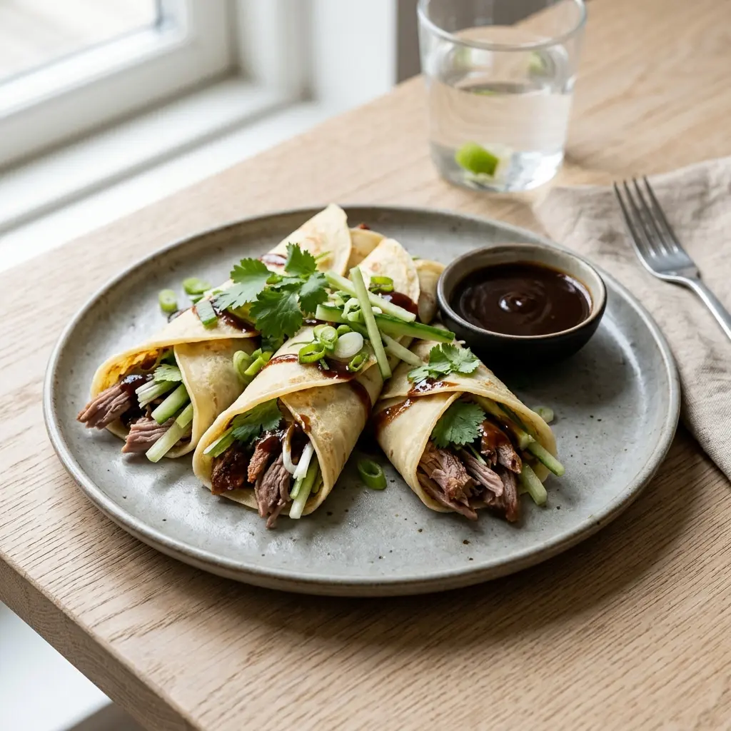 Nybakt pannekaker med and og hoisin servert og klar til å nytes