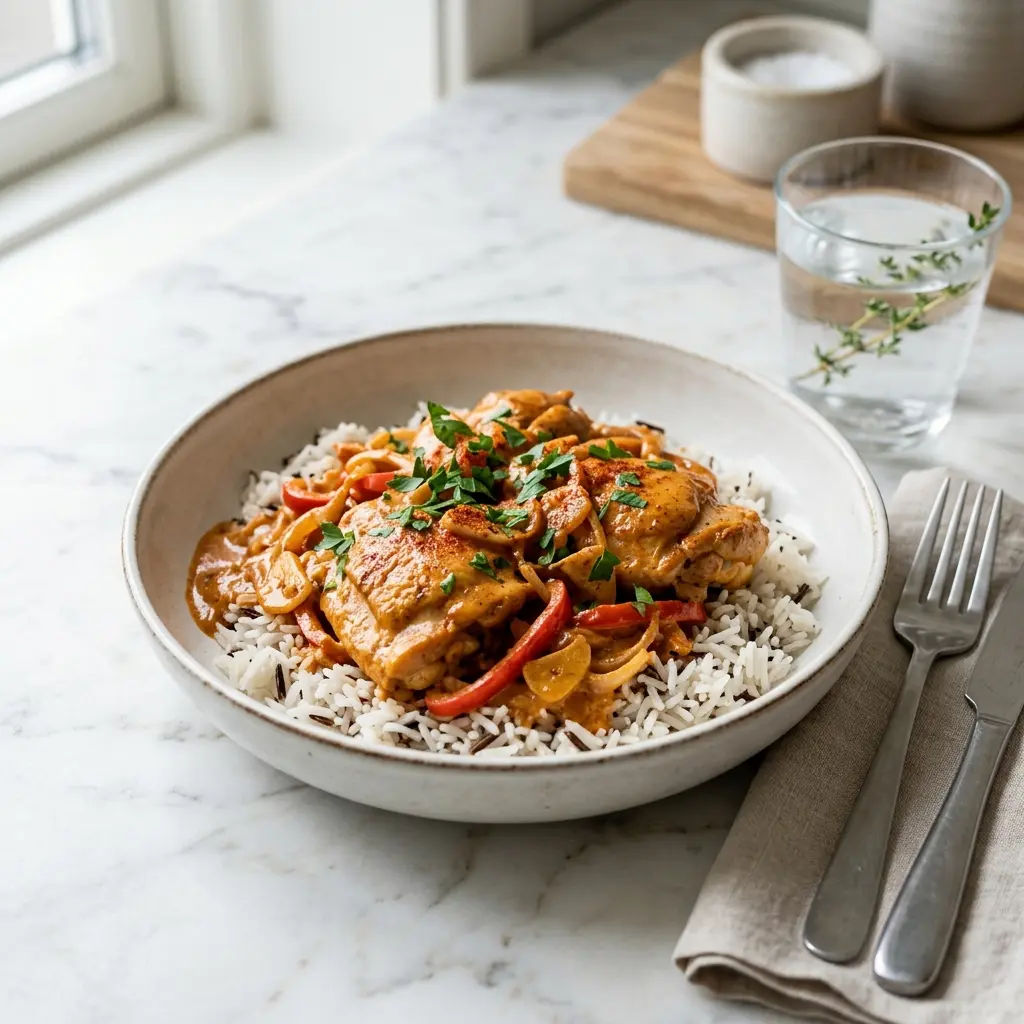 Nylaget paprikakylling servert på en appetittlig og hjemmelaget måte