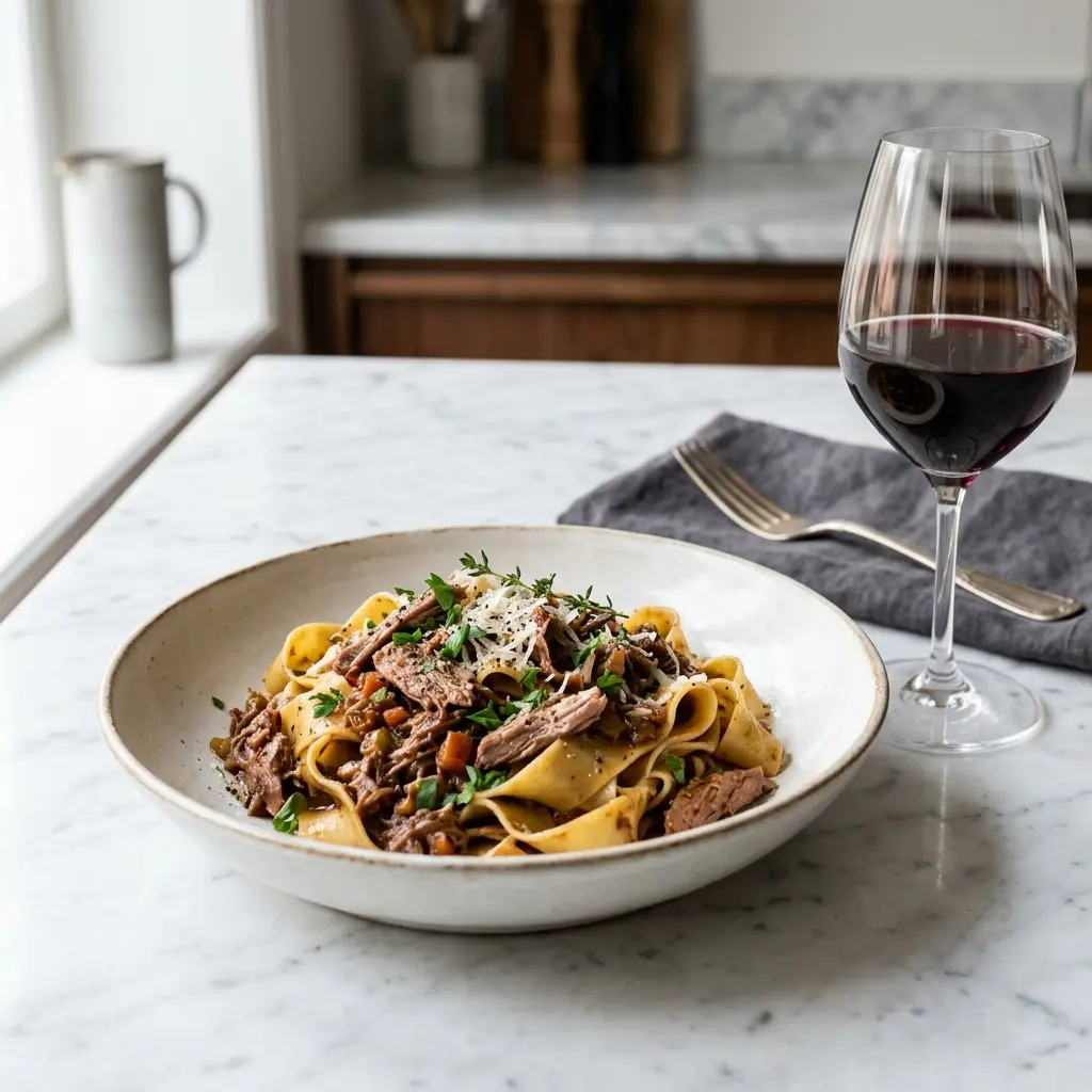 Nylaget pasta med and servert på en appetittlig og hjemmelaget måte
