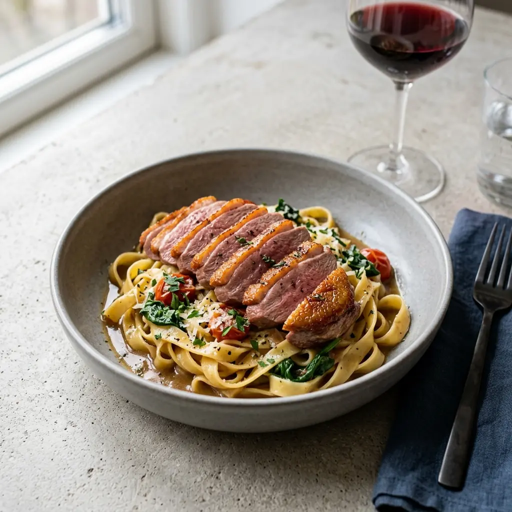 Nylaget pasta med andebryst servert på en appetittlig og hjemmelaget måte