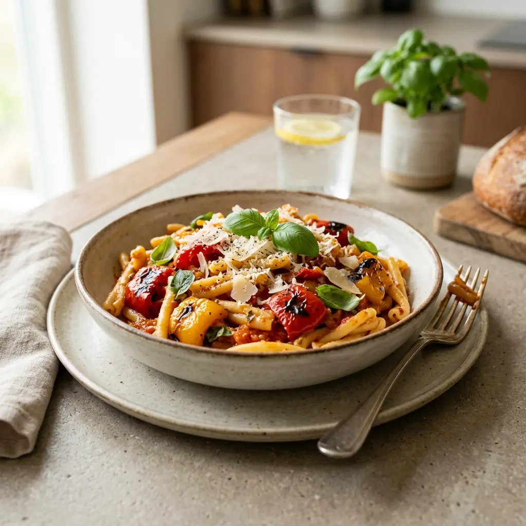 Nylaget pasta med bakt paprika servert på en appetittlig og hjemmelaget måte