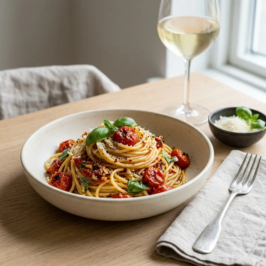 Nylaget pasta med bakte tomater servert på en appetittlig og hjemmelaget måte