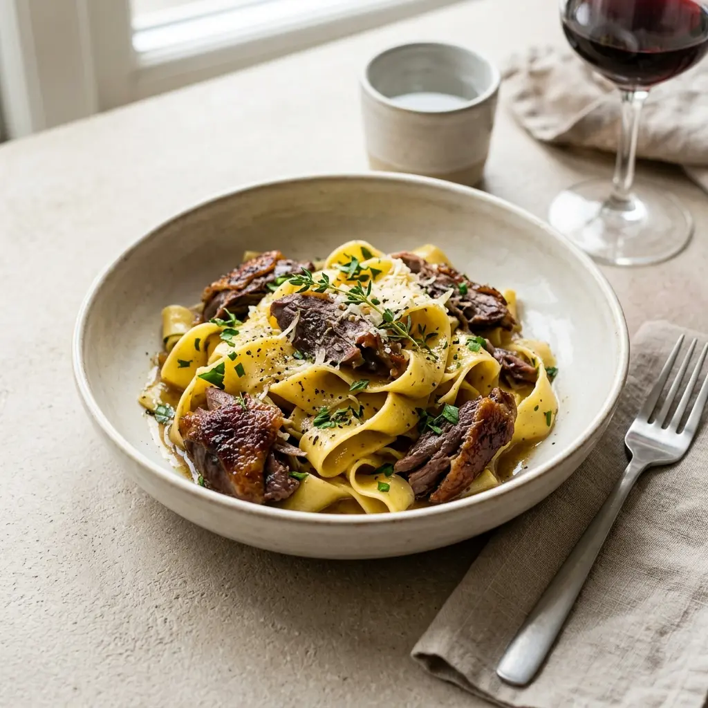 Nylaget pasta med confitert and servert på en appetittlig og hjemmelaget måte