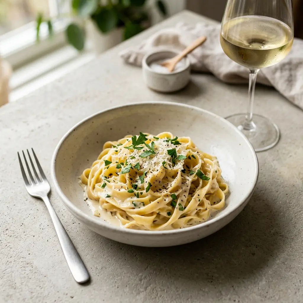 En skål med pasta med fløtesaus klar til servering som smakfullt tilbehør