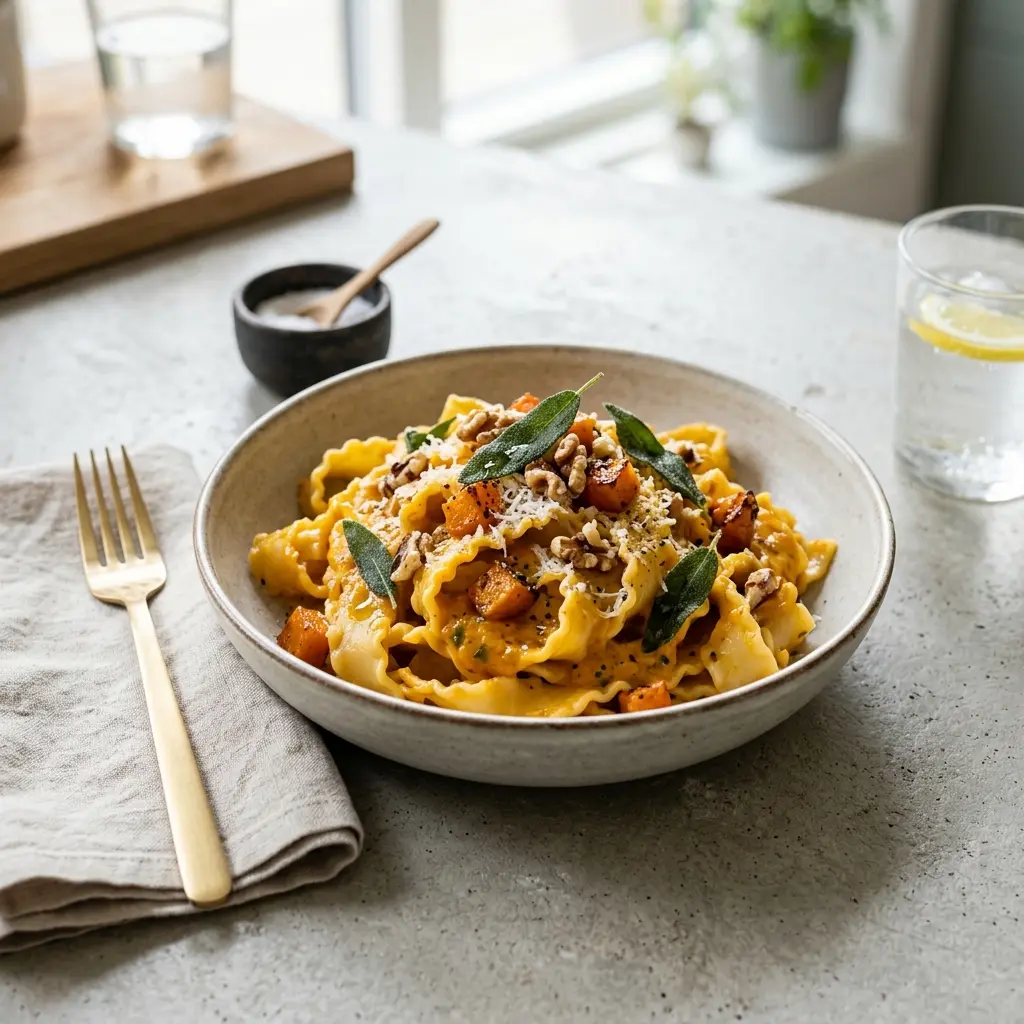 Nylaget pasta med gresskar servert på en appetittlig og hjemmelaget måte