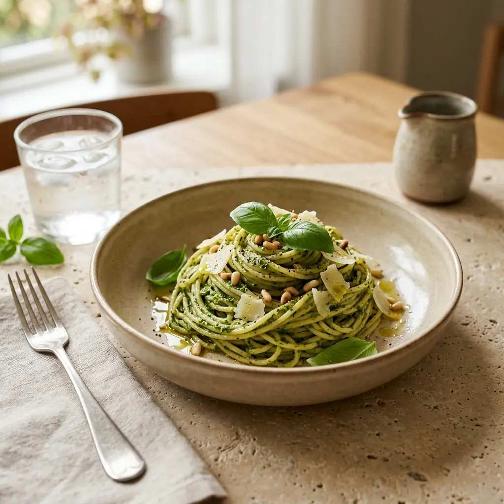 En skål med pasta med grønn pesto klar til servering som smakfullt tilbehør