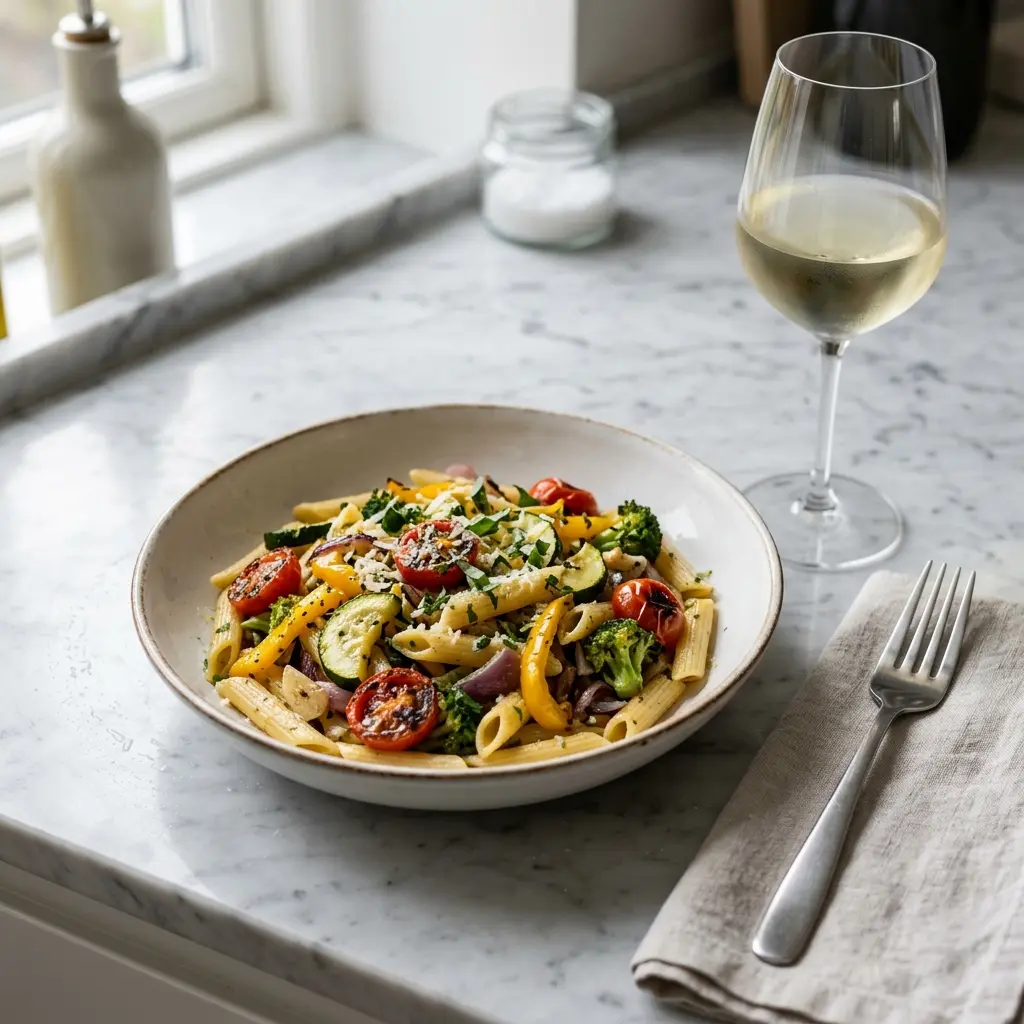 Nylaget pasta med grønnsaker servert på en appetittlig og hjemmelaget måte