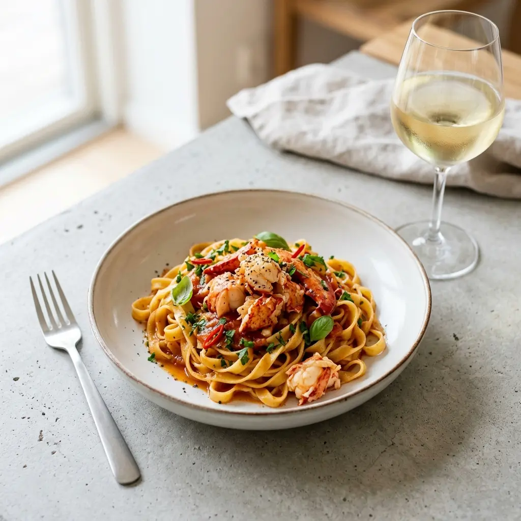 Nylaget pasta med hummer servert på en appetittlig og hjemmelaget måte