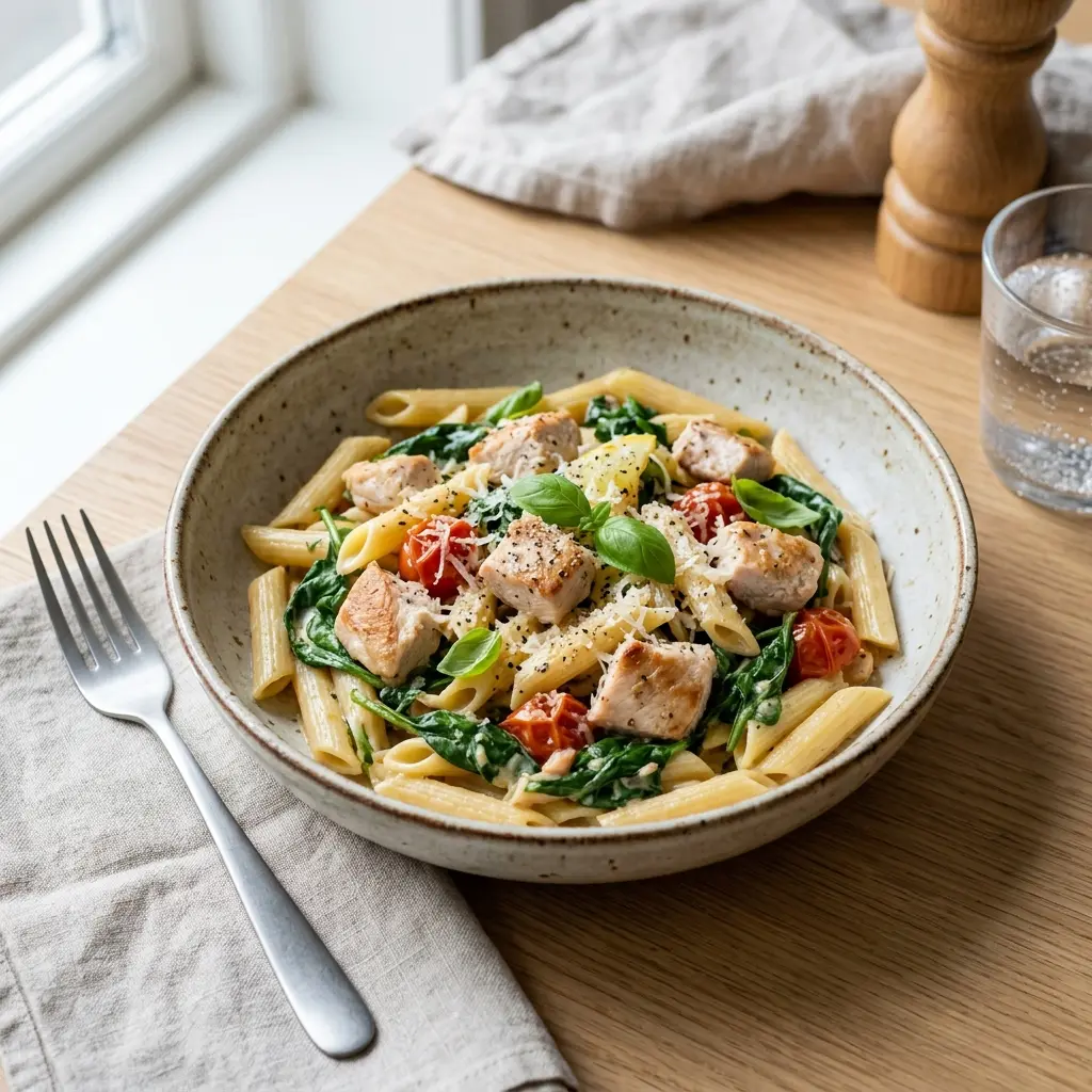 Nylaget pasta med kalkun og spinat servert på en appetittlig og hjemmelaget måte